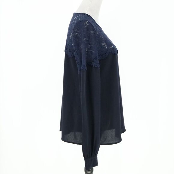 Lulus Top Womens Medium Navy Blue Lace Yoke Crepe Blouse Pullover Romantic - Picture 14 of 15